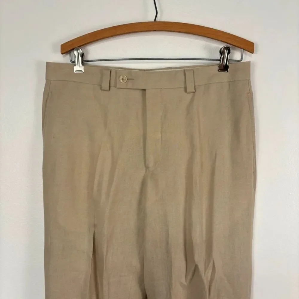 Calvin Klein Mens 3 Piece Linen Suit Beige Tan 38R Pants 32R Blazer Vest Trouser